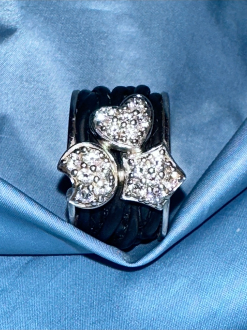 Sterling Silver Raco Black Band Ring with Pave Heart, Moon & Star Accents
